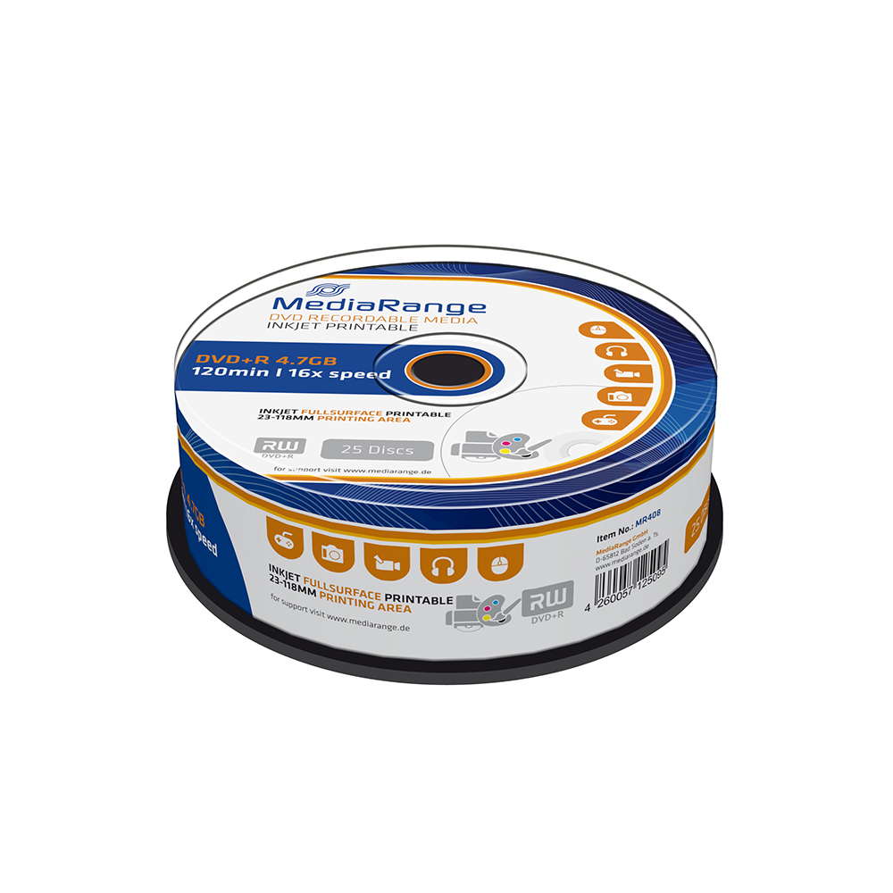 MediaRange DVD+R 120' 4.7GB 16x Inkjet Fullsurface Printable Cake Box x 25 (MR408)