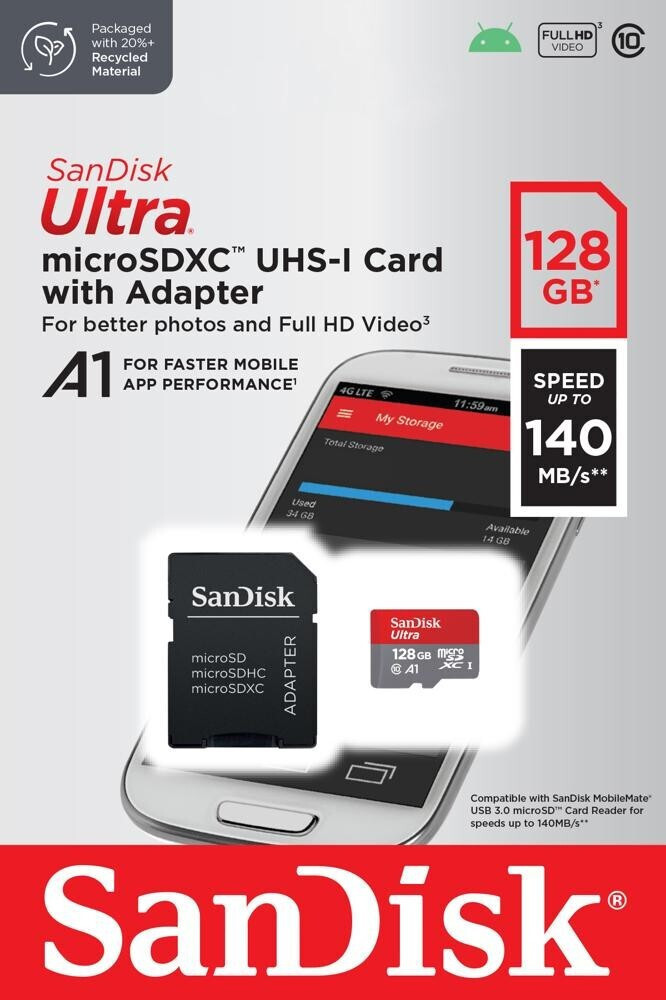 Sandisk Ultra microSDXC 128GB Class 10 U1 A1 UHS-I με αντάπτορα 140MB/s