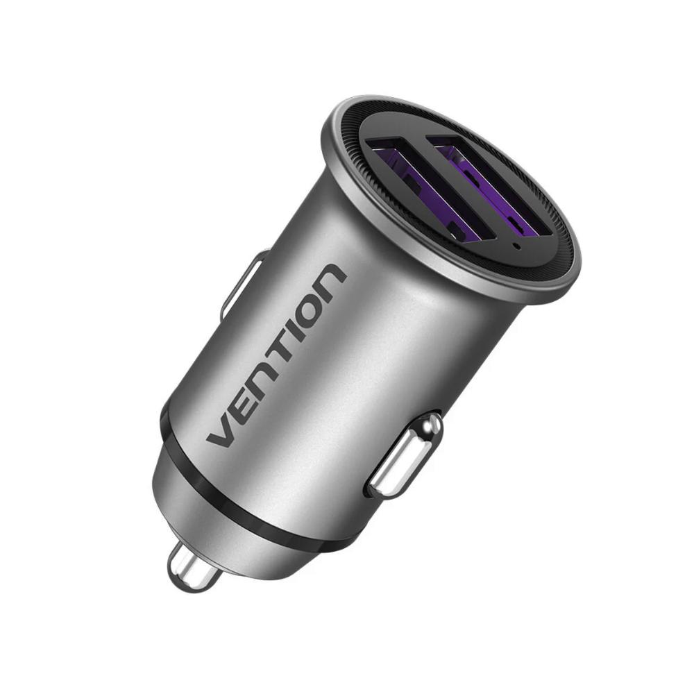 VENTION 2-Port USB (A+A) Car Charger (30W/30W) Gray Mini Style Aluminium Alloy Type (FFEH0) (VENFFEH0)