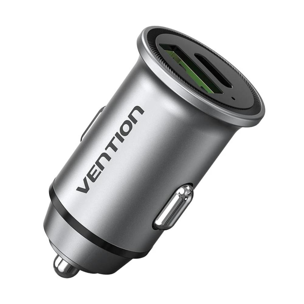 VENTION 2-Port USB (A+C) Car Charger (18W/20W) Gray Mini Style Aluminium Alloy Type (FFBH0) (VENFFBH0)