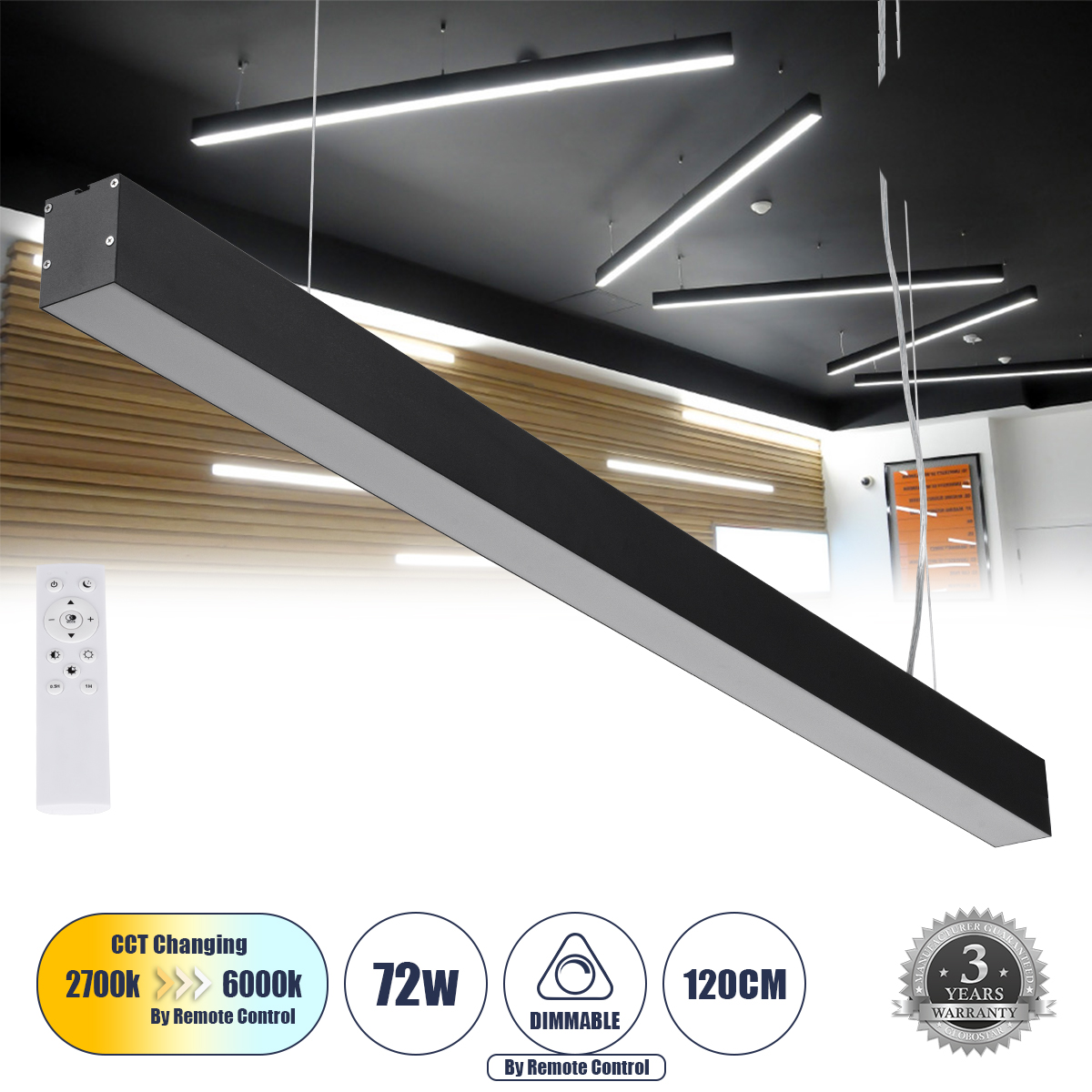 GloboStar® ORION 61030-P Γραμμικό Κρεμαστό Φωτιστικό Linear LED CCT 72W 8600lm 120° AC 220-240V Μ120 x Π5.5 x Υ7cm - Εναλλαγή Φωτισμού μέσω Τηλεχειριστηρίου All In One Ψυχρό 6000k+Φυσικό 4500k+Θερμό 2700k Dimmable - Μαύρο - 3 Years Warranty