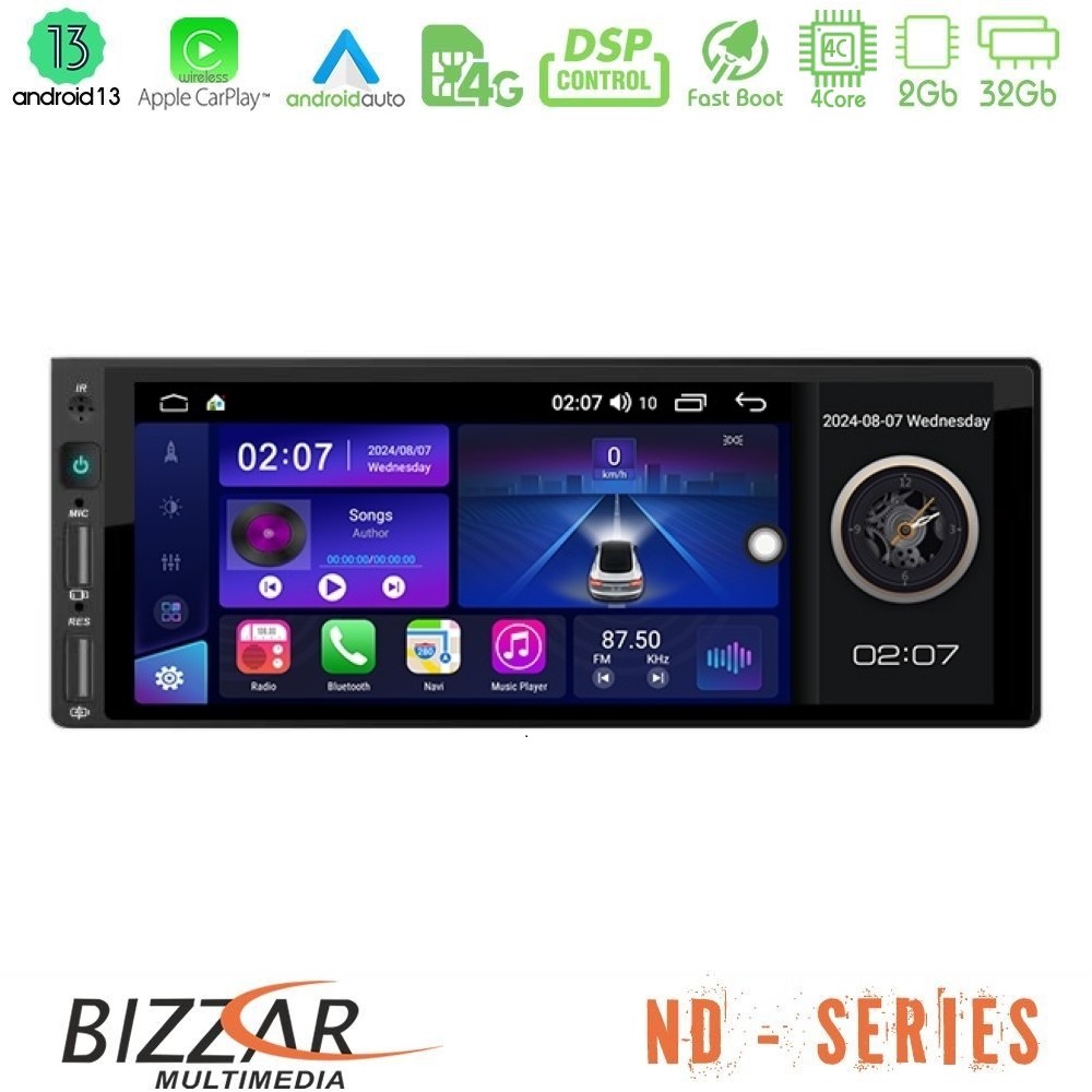 Bizzar 1din 4core Android 13 2+32gb Navigation Multimedia 6.9 u-Lf845