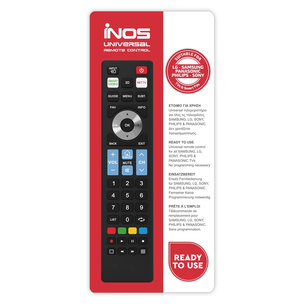 iNOS Remote Control for Samsung, LG, Sony, Philips & Panasonic TVs & Smart TVs Ready-to-Use (050101-0098) (INOS050101-0098)