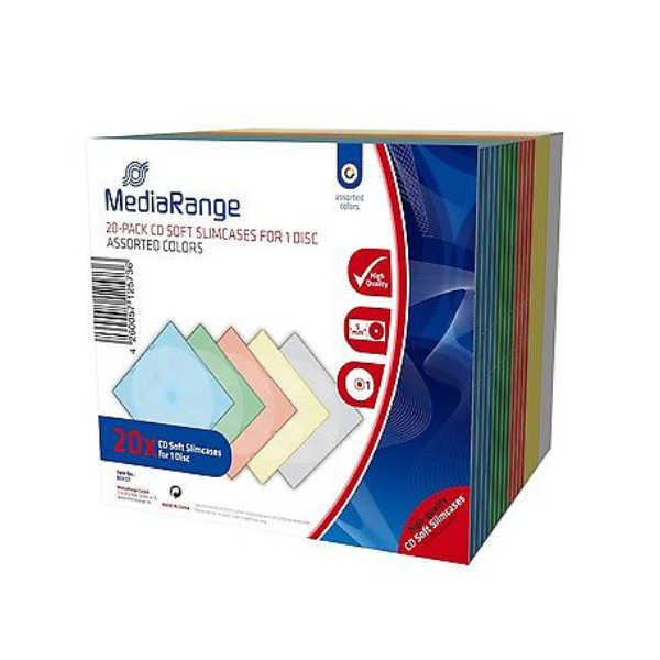 MediaRange CD Soft Slimcase for 1 Disc 5.0mm Assorted Colours (20 Pack) (MRBOX37)