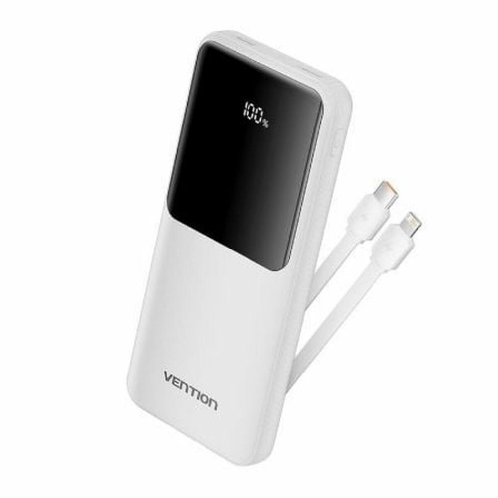 VENTION 10.000mAh Power Bank (Micro-USB + USB-C + USB-A + USB-A) with Built-In Type-C and Lightning Cables 22.5W White Led Display Type (FHOW0) (VENFHOW0)