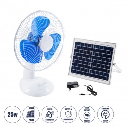 GloboStar® SOLARI-FAN 85353 Solar Fan Αυτόνομος Ηλιακός Επιτραπέζιος Ανεμιστήρας 25W 2 Λειτουργιών Ρεύματος με AC 220-240V ή με Φωτοβολταϊκό Panel 9V 12W & Επαναφορτιζόμενη Μπαταρία Li-ion 7.4V 4400mAh - 3 Ταχύτητες - IP20 - Μ24 x Π36 x Υ49cm - Λευκό & Μπλε - 2 Years Warranty