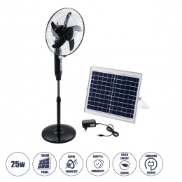 GloboStar® SOLARA-FAN 85356 Solar Fan Αυτόνομος Ηλιακός Επιδαπέδιος Ανεμιστήρας 25W 2 Λειτουργιών Ρεύματος με AC 220-240V ή με Φωτοβολταϊκό Panel 9V 12W & Επαναφορτιζόμενη Μπαταρία Li-ion 7.4V 4400mAh - 3 Ταχύτητες - Ενσωματωμένο USB 2.0 Charger Συσκευών - IP20 - Μ44 x Π37.5 x Υ132cm - Μαύρο - 2 Years Warranty